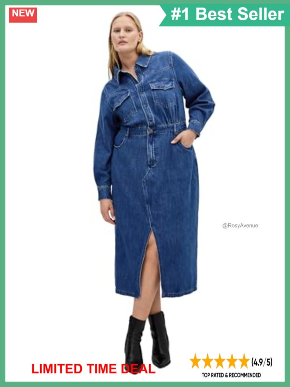 Plus Size Stretch Denim Midi Dress Long Sleeve Collared Shift